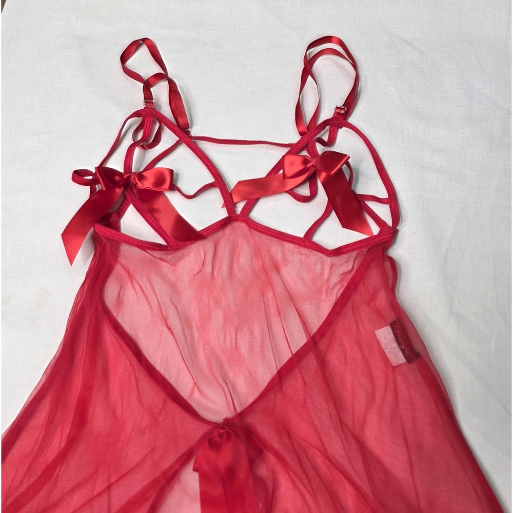 Vtg Dreamgirl Lingerie Babydoll Gown Queen O/S Red Sheer Mesh Bow Strappy Plus - Picture 2 of 11